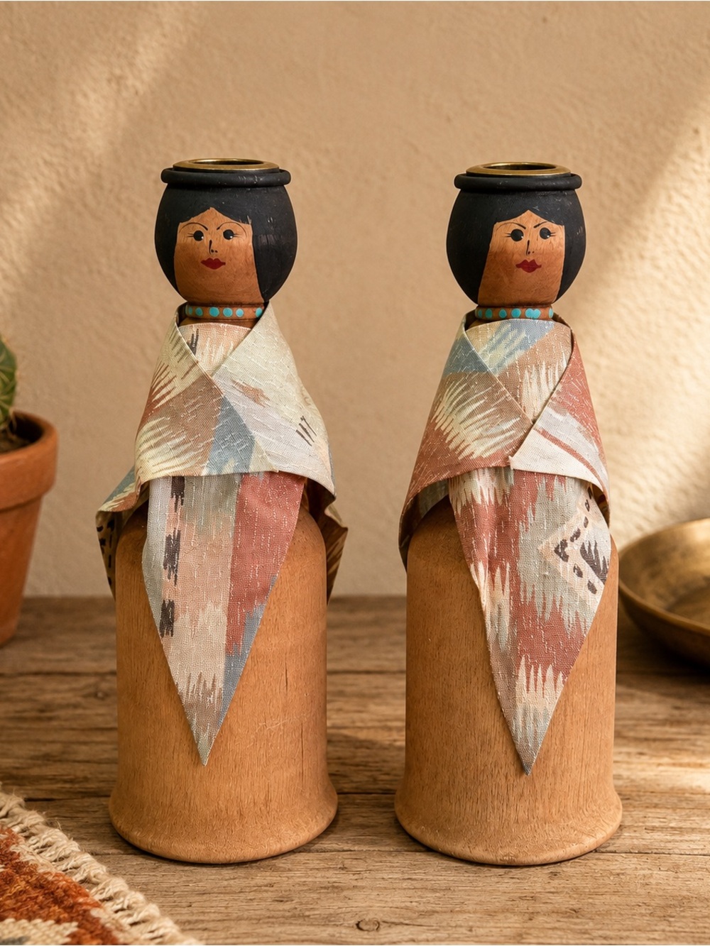 Vintage Southwestern Wooden Woman Figurine Candle Holders Set of 2 Folk Art